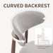 Gray cushion with curved backrest on a chair, highlighting ergonomic support.