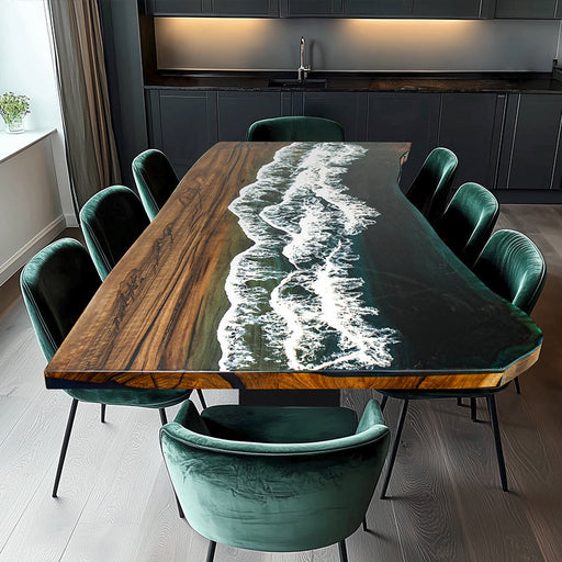 epoxy resin wood table with a high-gloss finish and a modern acrylic base