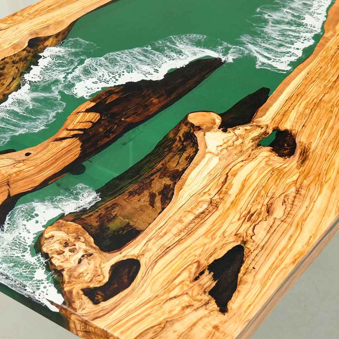 Ready-to-ship 40×84 Olive blue wave epoxy resin dining table for 10 guests.