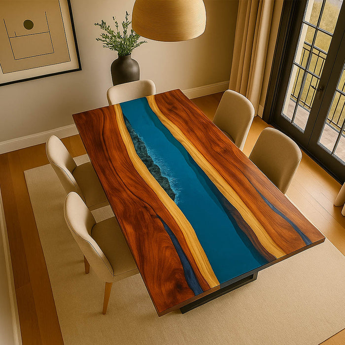 Dining room with a wooden table featuring a river design, surrounded by chairs.