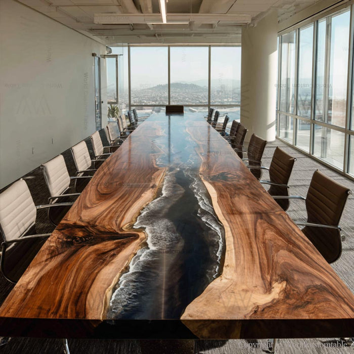 Side view of black walnut epoxy table emphasizing thickness and resin river design