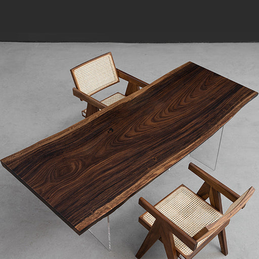 Single slab table handcrafted from century-old South American rain tree wood with rich natural grain.