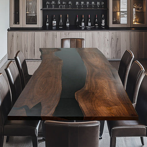 A sleek epoxy resin wood table with a dark wood grain and a flowing black epoxy resin river.