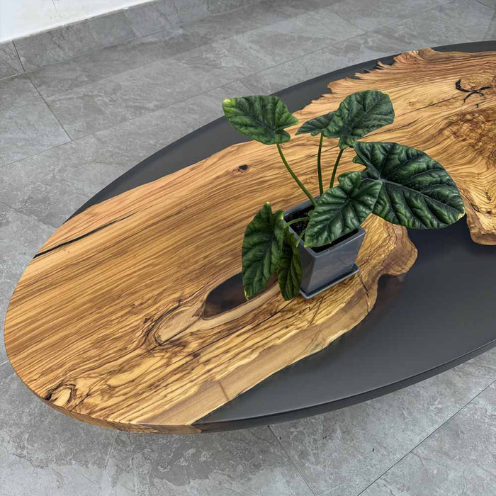 Wooden coffee table with a plant on a gray floor