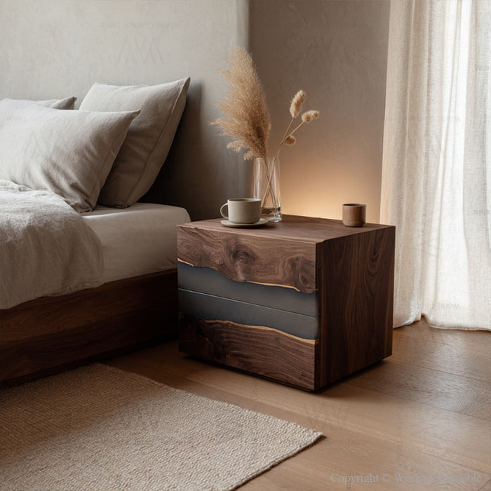 Smoky gray resin detail on black walnut epoxy nightstand