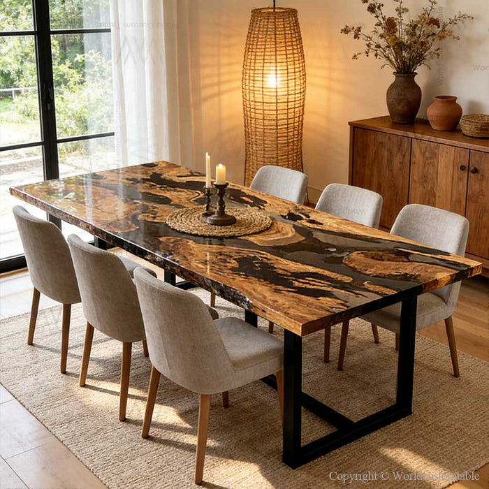Live edge olive wood table with smoky gray resin in loft space