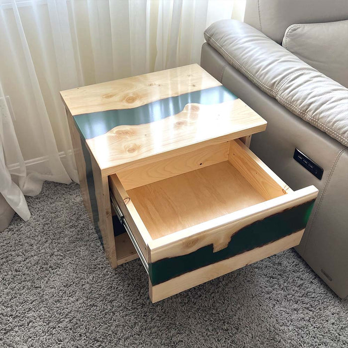 Solid ash wood black epoxy nightstand made by artisans.