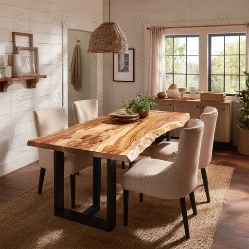 Solid olive wood dining table with live edge in a stylish living room