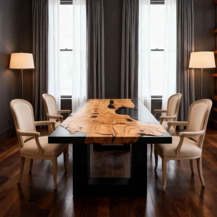 Dining room with a wooden table and chairs in a well-lit room.