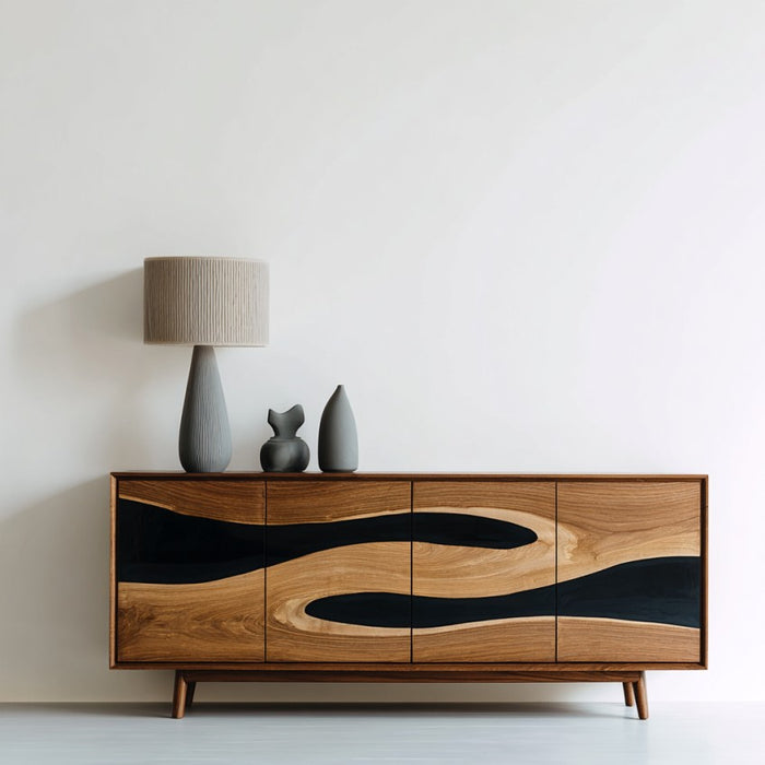 Wooden sideboard with wavy design, lamp, and decorative items on a white wall.