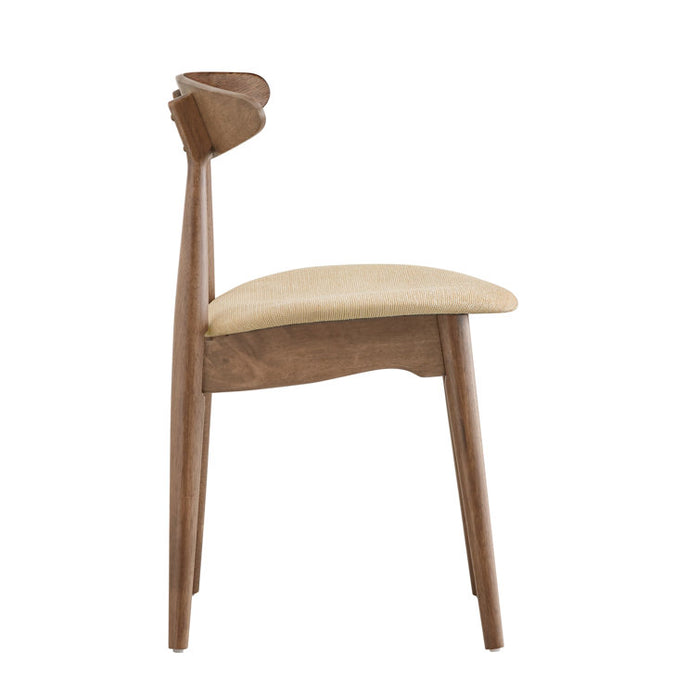 Wooden chair with beige cushion on a white background