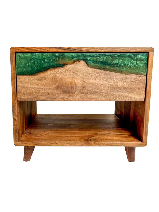 Solid walnut epoxy bedside table in a modern luxury furniture style.