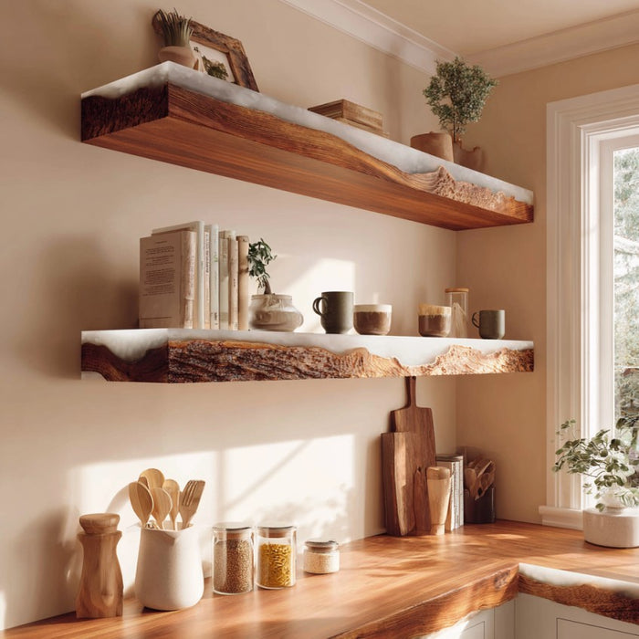 Solid walnut white epoxy floating shelf for elegant wall decor.