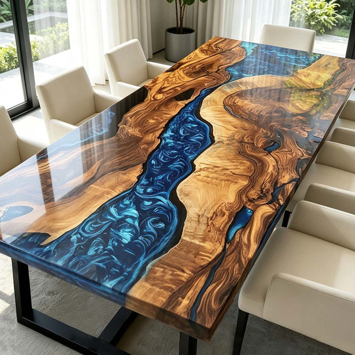 Solid wood dining table featuring blue epoxy river swirl pattern