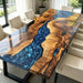 Solid wood dining table featuring blue epoxy river swirl pattern