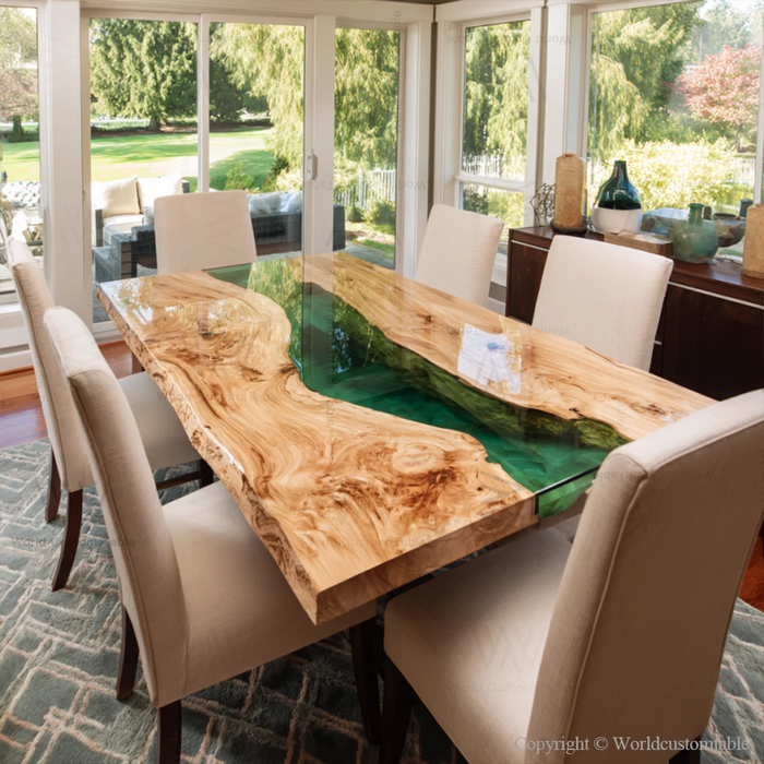 Solid wood epoxy dining table placed in a spacious family dining room