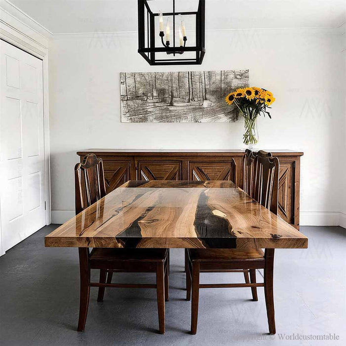 Solid wood epoxy dinning table with black resin detail