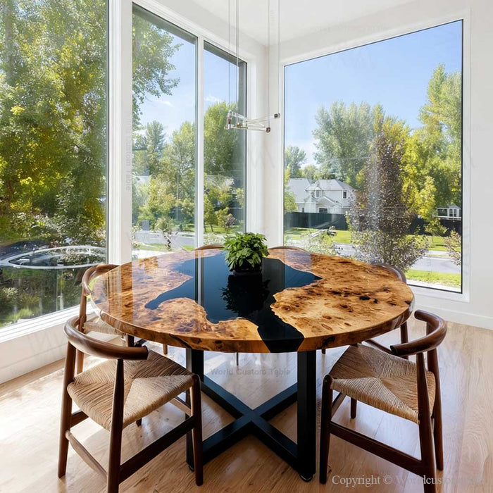 Solid wood epoxy dinning table in a modern interior setting