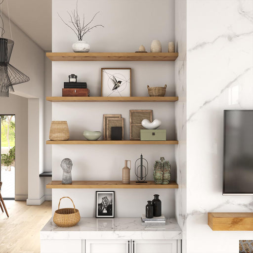 Wooden shelves with decorative items in a modern living room setting.