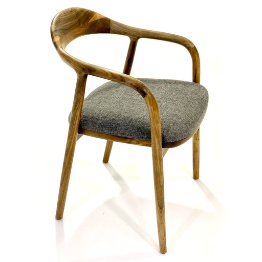 Chair with wooden frame and gray cushion on a white background