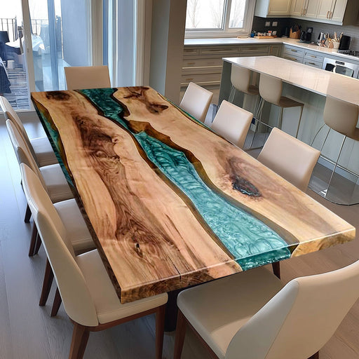 Handcrafted epoxy dining table with solid wood base, ideal for modern home decoration.