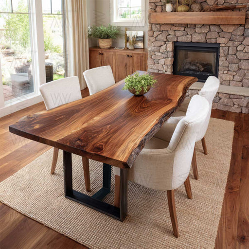 Solid walnut wood table with natural grain and live edge, perfect for dining