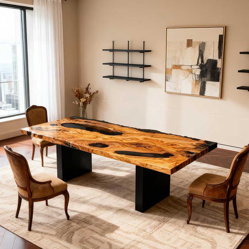 Wooden dining table with black legs in a modern room with abstract art and chairs.