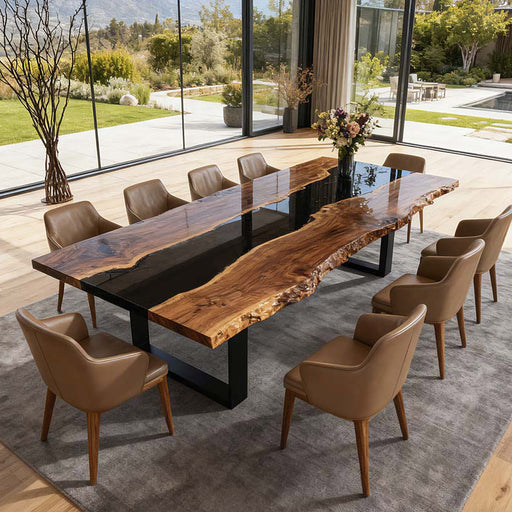 sleek wooden black epoxy resin table with brown chairs in living room