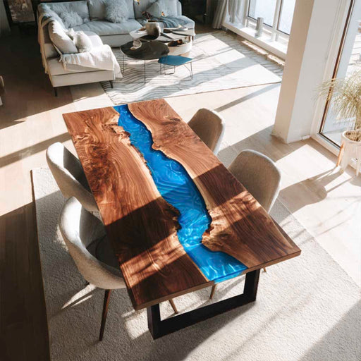 square edge walnut wood blue epoxy resin table for living room