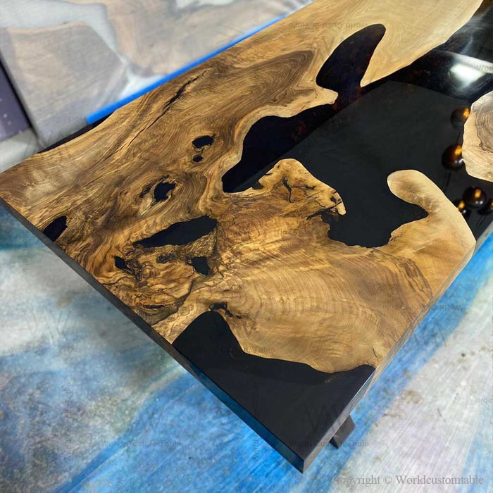 Square epoxy dinning table in a modern dining room