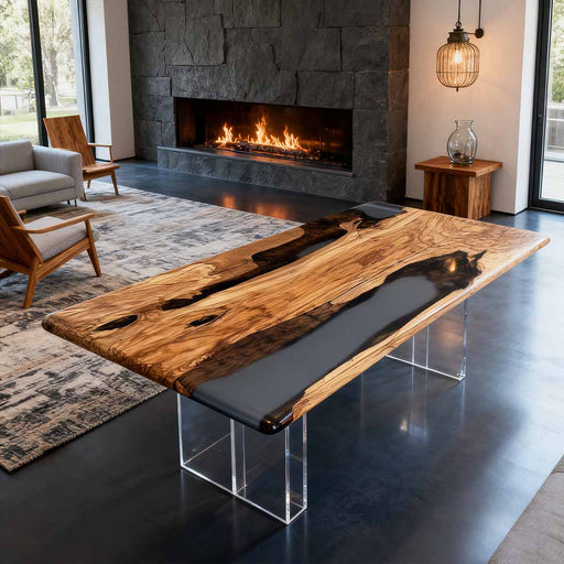 Wooden dining table with clear acrylic legs in a modern living room with a fireplace.