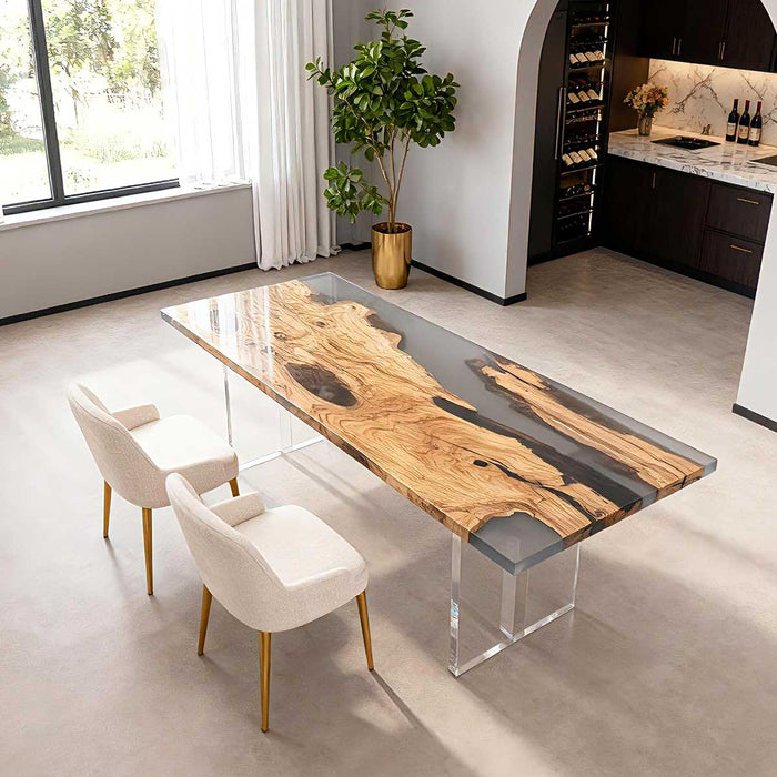 Dining table with wooden top and clear base in a modern kitchen setting