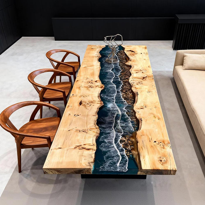 Wooden table with embedded blue river design in a modern room.