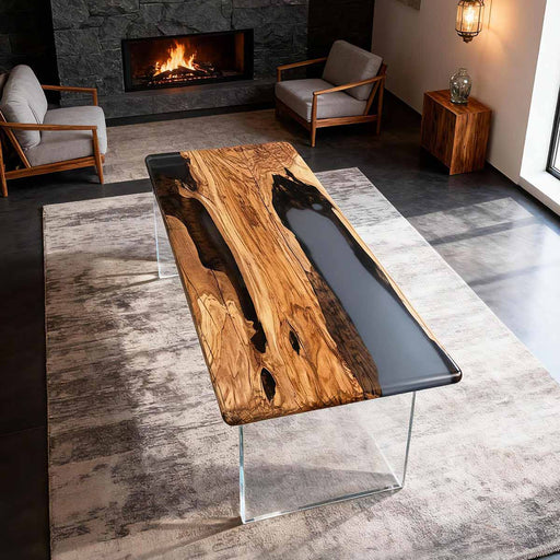 Wooden coffee table with black resin inlay in a modern living room setting.