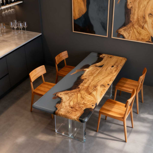 Dining room with a unique wooden dining table and chairs.