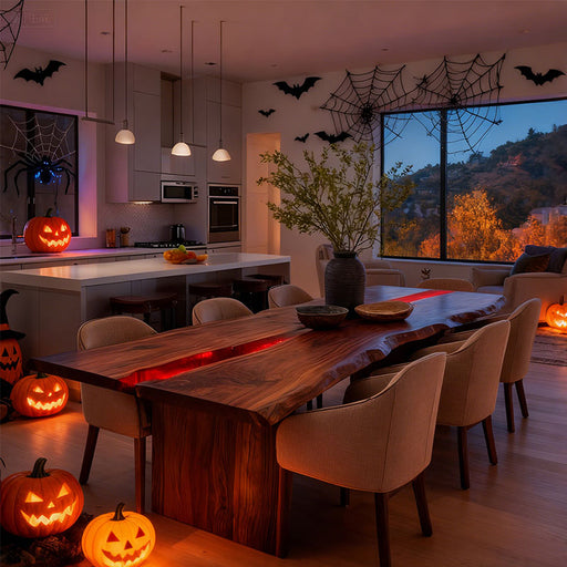 Dining room with Halloween decorations including jack-o'-lanterns and spider webs.