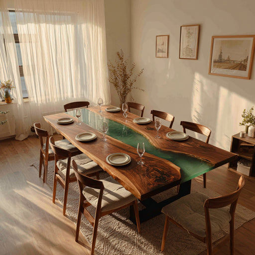 square walnut wood green epoxy dinning table with wooden chairs in a dinning room
