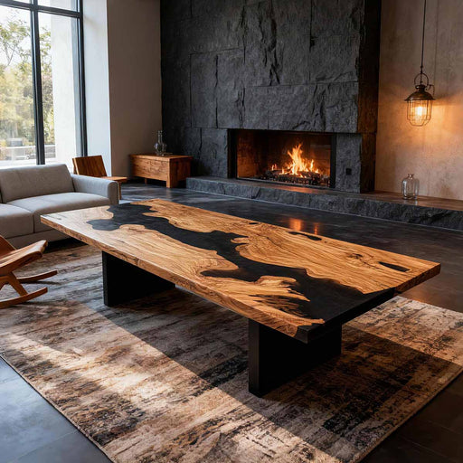 Modern living room with a wooden coffee table and stone fireplace.