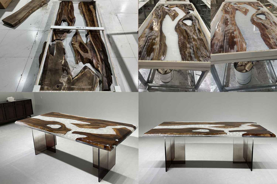 Statement black walnut dining table with white swirl epoxy resin in Los Angeles.
