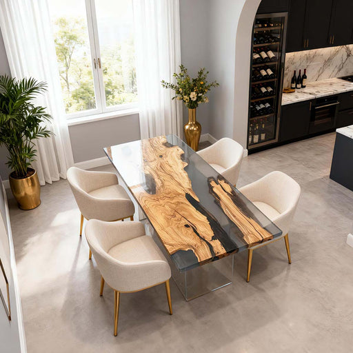 Dining room with a modern table and chairs in a stylish kitchen.