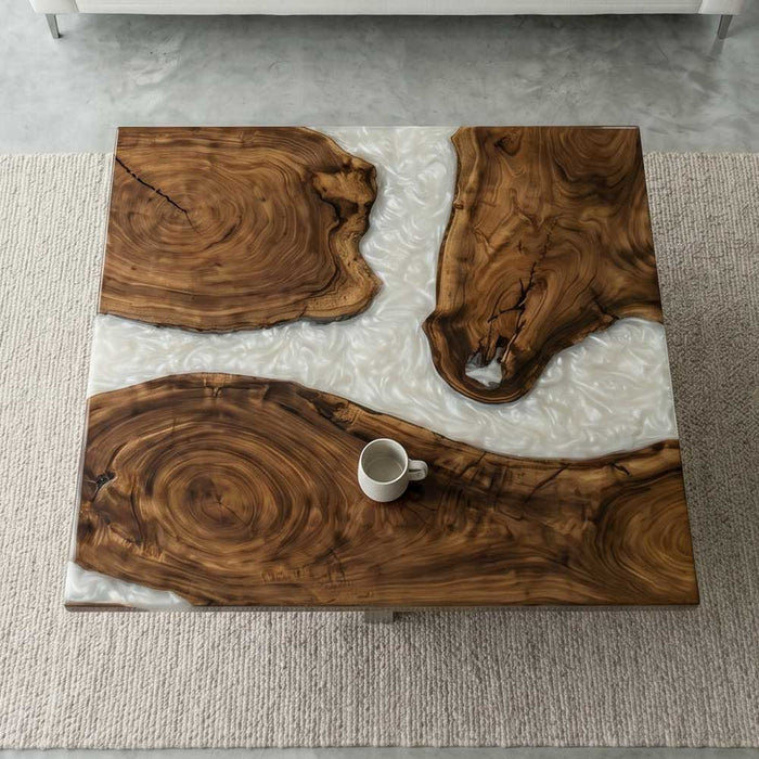 Sustainable North American black walnut slab featuring unique burl patterns and white liquid glass resin.