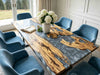 Modern olive wood kitchen table with silver grey marble-effect epoxy resin, durable heatproof open-concept furniture