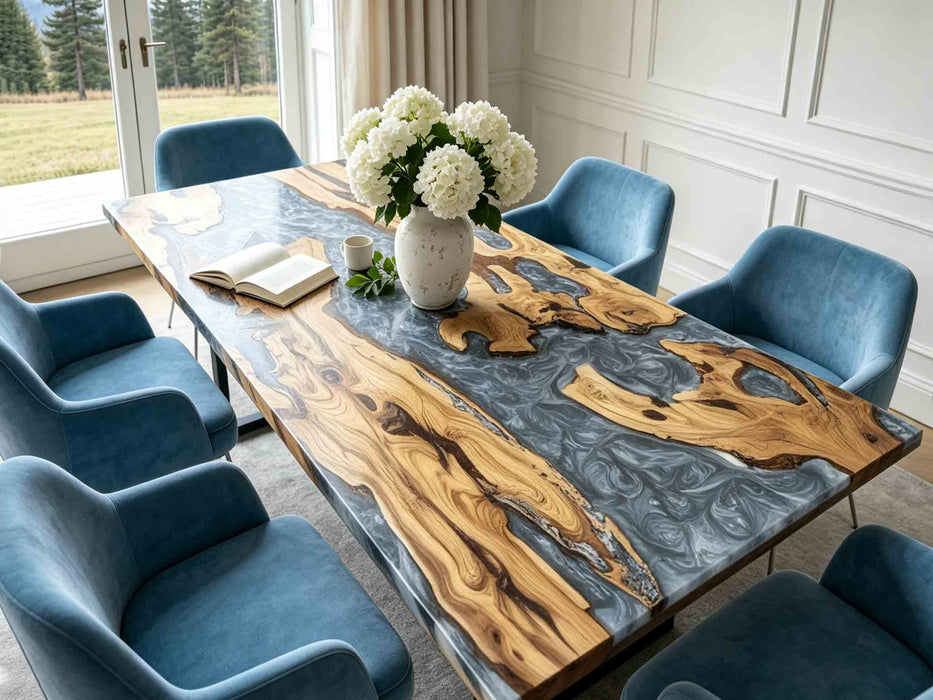 Modern olive wood kitchen table with silver grey marble-effect epoxy resin, durable heatproof open-concept furniture