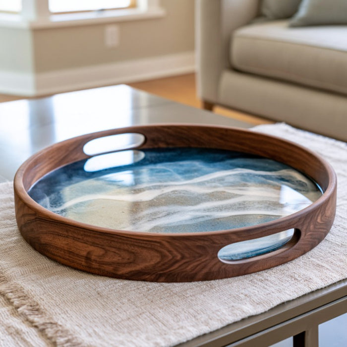 20 inch round walnut serving tray with epoxy resin