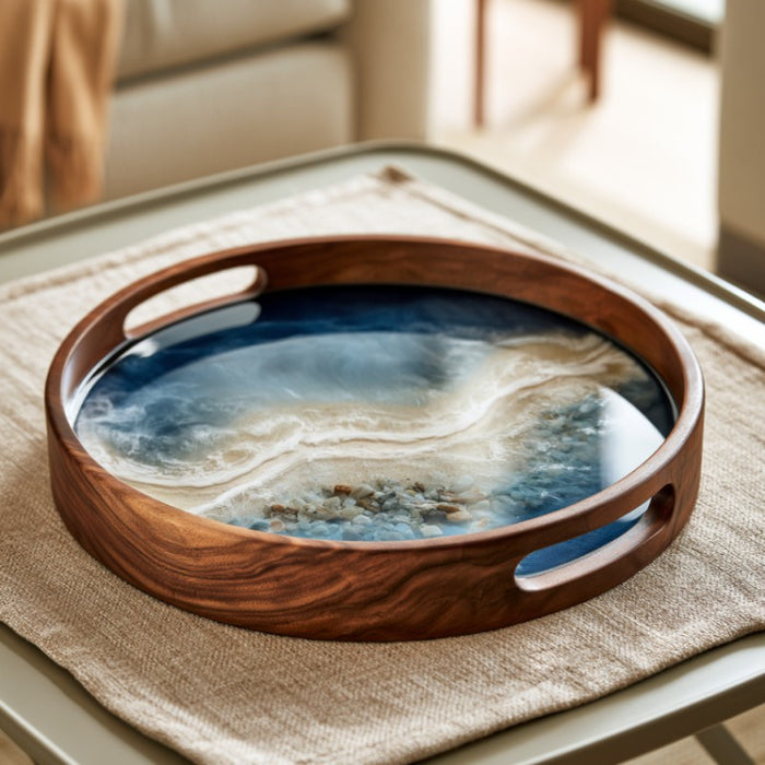 Handcrafted epoxy tray displayed on a modern coffee table
