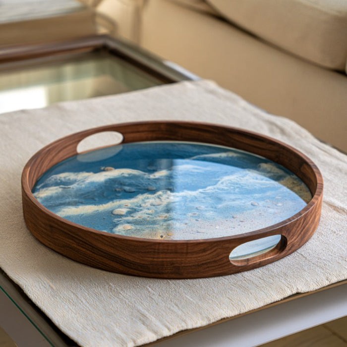 Round epoxy tray featuring convenient cutout handles