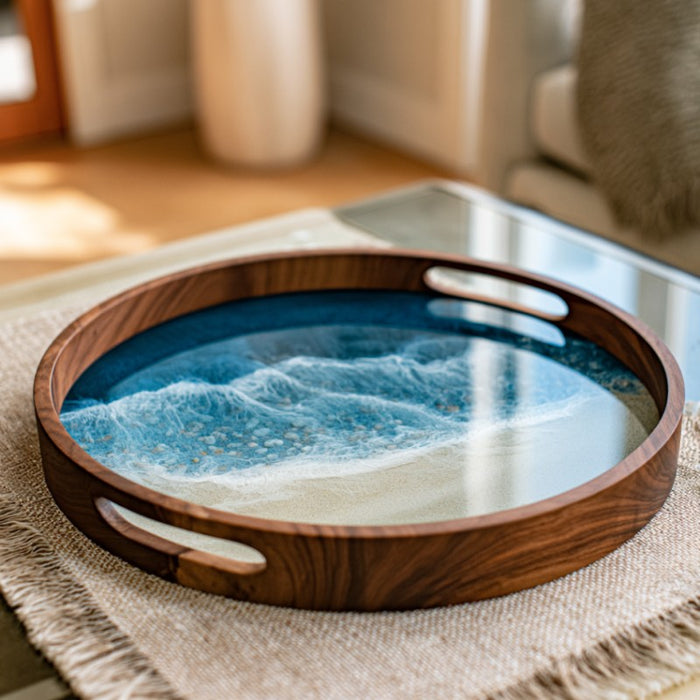 Walnut epoxy tray with blue ocean wave resin design