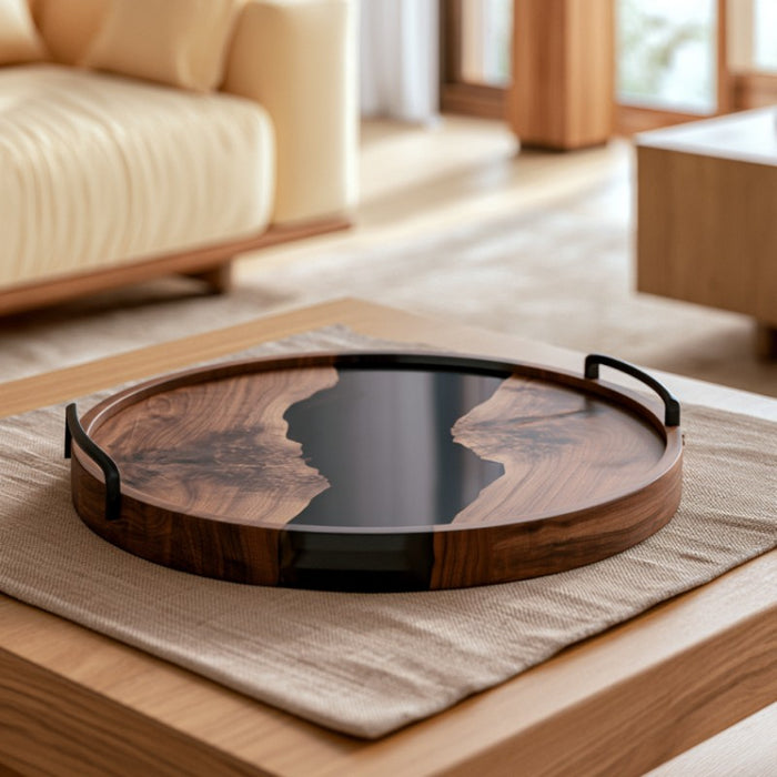 Black resin charcuterie serving tray made with walnut wood