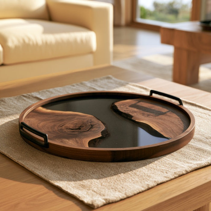 Modern epoxy tray styled as coffee table decor