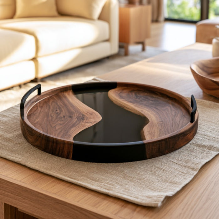 Walnut epoxy tray with deep black resin and natural wood grain